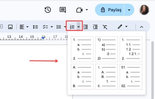 Google Dokümanlar Numaralı Liste Özelliği